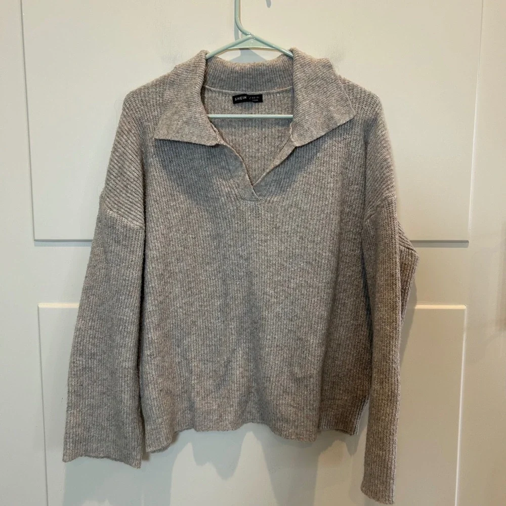 Women‎ Sweater Knit Collared Pullover Long Sleeve Blush Beige Size M Soft Cozy